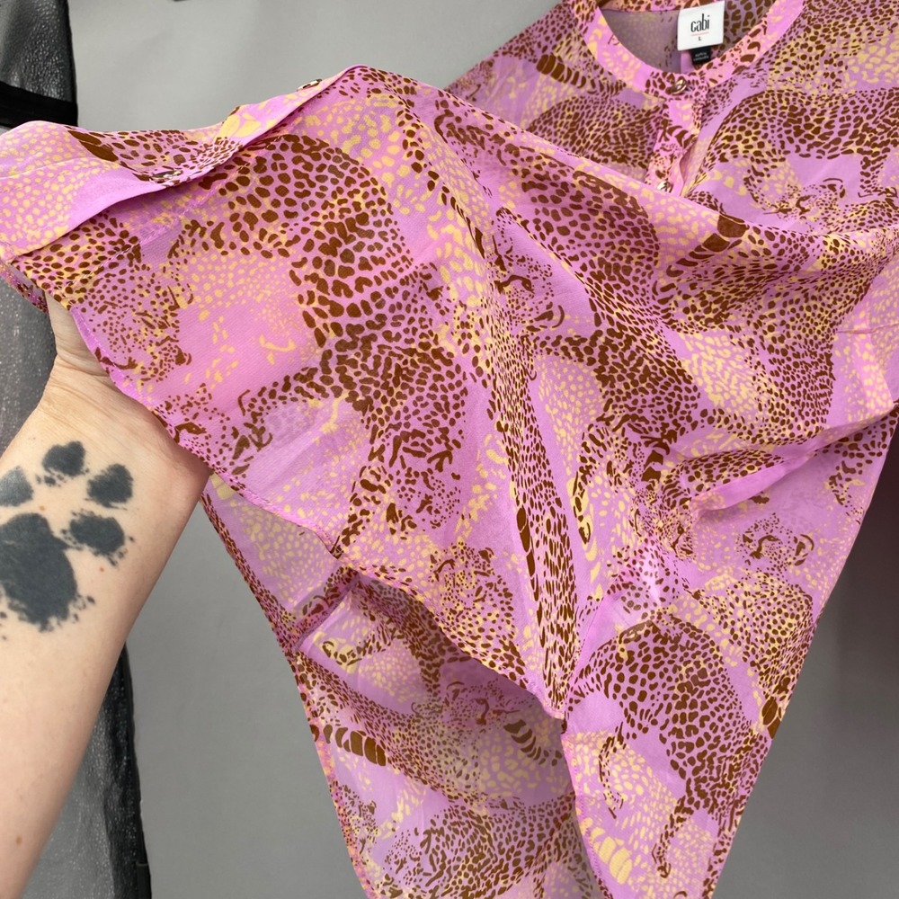 Cabi Cheetah Blouse Women Large Pink Linx Leopard Print Ruffle Sleeve Sheer 5711 - Picture 5 of 15